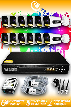 ELITCAM 12 Kameralı Zebra 12 Dış Kamera Set HDD'siz Full HD Renkli Gece Görüşlü Güvenlik Kamerası Sistemi
