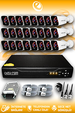 ELITCAM 24 Kameralı Kare 24 Dış Kamera Set HDD'siz Full HD Gece Görüşlü Güvenlik Kamerası Sistemi
