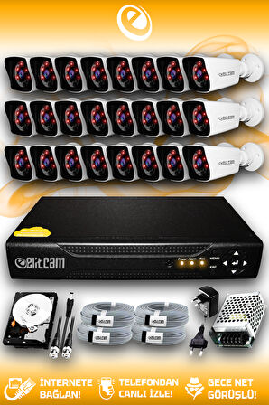 ELITCAM 24 Kameralı Kare 24 Dış Kamera Set 100 GB HDD Full HD Gece Görüşlü Güvenlik Kamerası Sistemi
