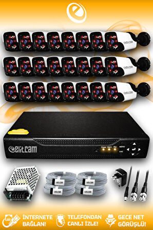 ELITCAM 24 Kameralı Panda 24 Dış Kamera Set HDD'siz Full HD Gece Görüşlü Güvenlik Kamerası Sistemi