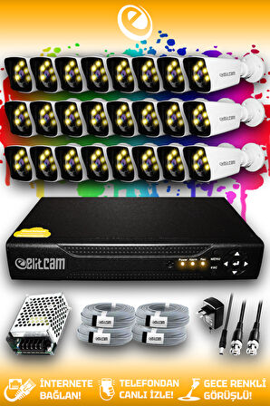 ELITCAM 24 Kameralı Kare 24 Dış Kamera Set HDD'siz Full HD Renkli Gece Görüşlü Güvenlik Kamerası Sistemi