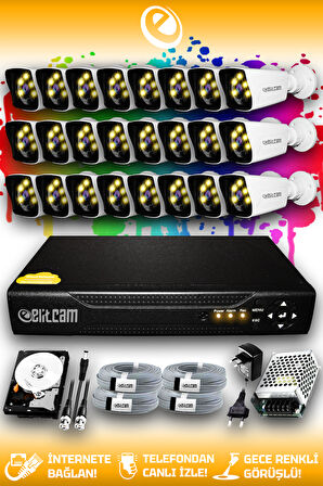 ELITCAM 24 Kameralı Kare 24 Dış Kamera Set 250 GB HDD Full HD Renkli Gece Görüşlü Güvenlik Kamerası Sistemi