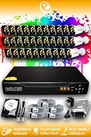 ELITCAM 32 Kameralı Kare 32 Dış Kamera Set 2 TB HDD Full HD Renkli Gece Görüşlü Güvenlik Kamerası Sistemi