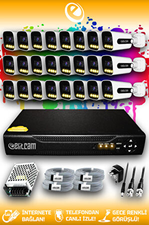 ELITCAM 24 Kameralı Zebra 24 Dış Kamera Set HDD'siz Full HD Renkli Gece Görüşlü Güvenlik Kamerası Sistemi