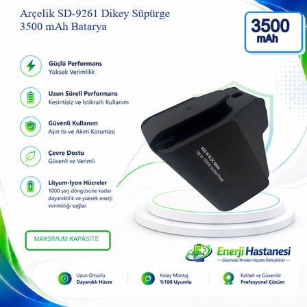 Arçelik SD-9261 Dikey Süpürge 3500 Mah 25,2 V Batarya – Orjinal Uyumlu Uzun Ömürlü, Yüksek Performans Pil