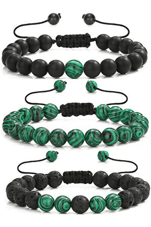 Sertifikalı Doğal Malahit Oniks Lav Taşı Üçlü Bileklik Seti