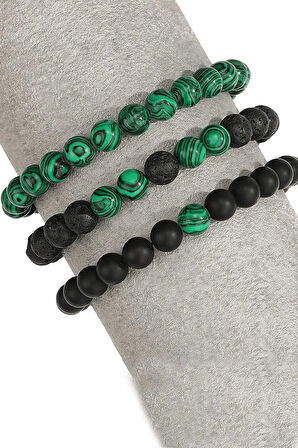 Sertifikalı Doğal Malahit Oniks Lav Taşı Üçlü Bileklik Seti