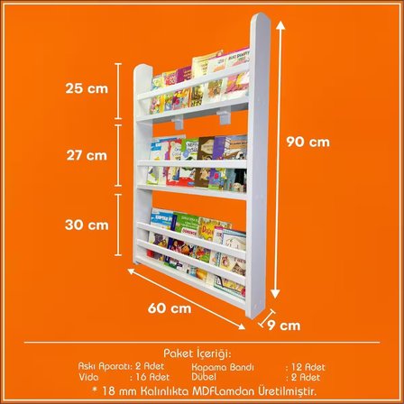 Emdief Home Çocuk Odası Eğitici Montessori Kitaplık 3 Raflı Bebek Odası Kitap