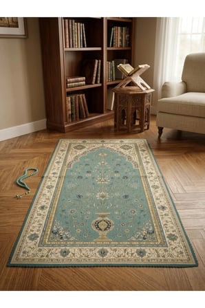 Seccade & Çanta Seti 70x125 cm – Raşel Kumaş, Canlı Baskılı, Fermuarlı Taşıma Çantalı Turkuaz Desenli Namazlık