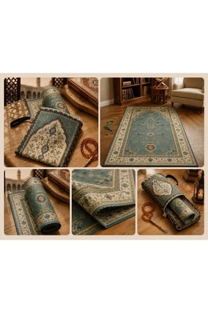 Seccade & Çanta Seti 70x125 cm – Raşel Kumaş, Canlı Baskılı, Fermuarlı Taşıma Çantalı Turkuaz Desenli Namazlık
