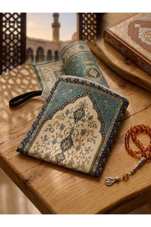 Seccade & Çanta Seti 70x125 cm – Raşel Kumaş, Canlı Baskılı, Fermuarlı Taşıma Çantalı Turkuaz Desenli Namazlık
