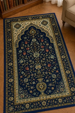 Seccade & Çanta Seti 70x125 cm – Raşel Kumaş, Canlı Baskılı, Fermuarlı Taşıma Çantalı Lacivert Desenli Namazlık