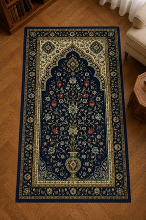 Seccade & Çanta Seti 70x125 cm – Raşel Kumaş, Canlı Baskılı, Fermuarlı Taşıma Çantalı Lacivert Desenli Namazlık