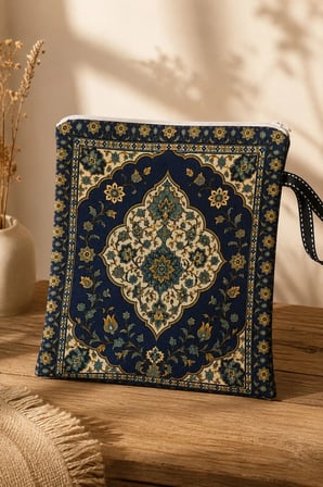 Seccade & Çanta Seti 70x125 cm – Raşel Kumaş, Canlı Baskılı, Fermuarlı Taşıma Çantalı Lacivert Desenli Namazlık