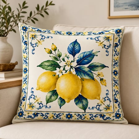 ELVORAN JOY Akdeniz Limon Desenli Dekoratif Kırlent Kılıfı 43x43 cm + Runner | Mavi Beyaz Seramik Motifli