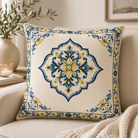 ELVORAN JOY Akdeniz Limon Desenli Dekoratif Kırlent Kılıfı 43x43 cm + Runner | Mavi Beyaz Seramik Motifli