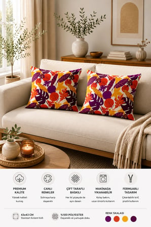 ELVORAN JOY Sonbahar Yaprak Desenli Çift Taraf Baskılı Dekoratif Kırlent Kılıfı 43x43 cm – Modern Turuncu & Mor