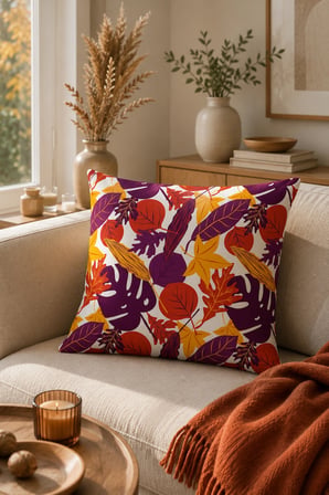 ELVORAN JOY Sonbahar Yaprak Desenli Çift Taraf Baskılı Dekoratif Kırlent Kılıfı 43x43 cm – Modern Turuncu & Mor
