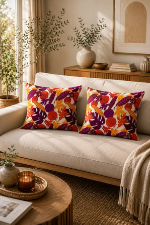 ELVORAN JOY Sonbahar Yaprak Desenli Çift Taraf Baskılı Dekoratif Kırlent Kılıfı 43x43 cm – Modern Turuncu & Mor