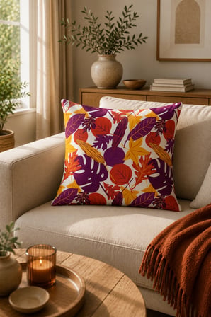 ELVORAN JOY Sonbahar Yaprak Desenli Çift Taraf Baskılı Dekoratif Kırlent Kılıfı 43x43 cm – Modern Turuncu & Mor