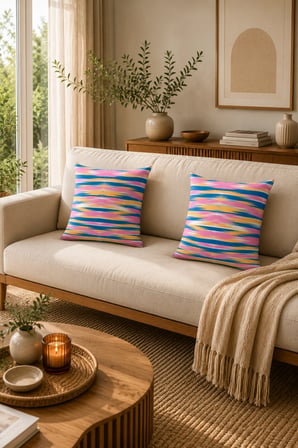 ELVORAN JOY Renk Geçişli Çizgi Desenli Çift Taraf Baskılı Dekoratif Kırlent Kılıfı 43x43 cm – Modern Soyut Tasarım