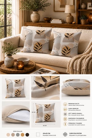 ELVORAN JOY Minimalist Yaprak Desenli Çift Taraf Baskılı Dekoratif Kırlent Kılıfı 43x43 cm – Japandi & İskandinav