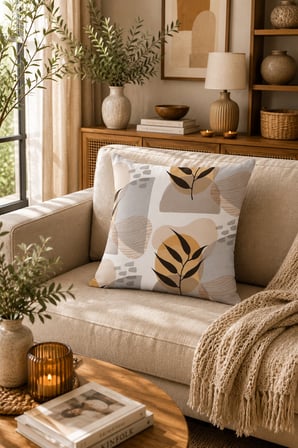 ELVORAN JOY Minimalist Yaprak Desenli Çift Taraf Baskılı Dekoratif Kırlent Kılıfı 43x43 cm – Japandi & İskandinav