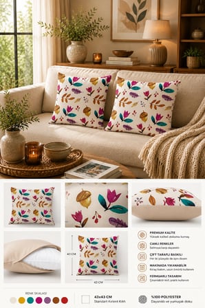 ELVORAN JOY Suluboya Sonbahar Desenli Çift Taraf Baskılı Dekoratif Kırlent Kılıfı 43x43 cm – Doğal Yaprak & Meşe