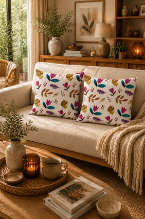 ELVORAN JOY Suluboya Sonbahar Desenli Çift Taraf Baskılı Dekoratif Kırlent Kılıfı 43x43 cm – Doğal Yaprak & Meşe
