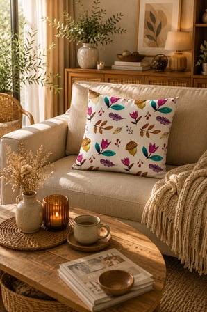 ELVORAN JOY Suluboya Sonbahar Desenli Çift Taraf Baskılı Dekoratif Kırlent Kılıfı 43x43 cm – Doğal Yaprak & Meşe