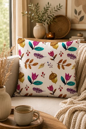 ELVORAN JOY Suluboya Sonbahar Desenli Çift Taraf Baskılı Dekoratif Kırlent Kılıfı 43x43 cm – Doğal Yaprak & Meşe