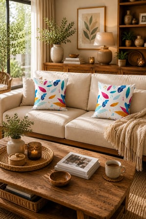ELVORAN JOY Renkli Yaprak Desenli Çift Taraf Baskılı Dekoratif Kırlent Kılıfı 43x43 cm – Modern & Eğlenceli Tasarım