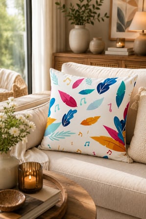 ELVORAN JOY Renkli Yaprak Desenli Çift Taraf Baskılı Dekoratif Kırlent Kılıfı 43x43 cm – Modern & Eğlenceli Tasarım