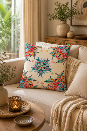 ELVORAN JOY Etnik Geometrik Desenli Çift Taraf Baskılı Dekoratif Kırlent Kılıfı 43x43 cm – Bohem & Akdeniz Tasarımı