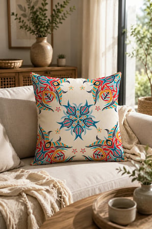 ELVORAN JOY Etnik Geometrik Desenli Çift Taraf Baskılı Dekoratif Kırlent Kılıfı 43x43 cm – Bohem & Akdeniz Tasarımı