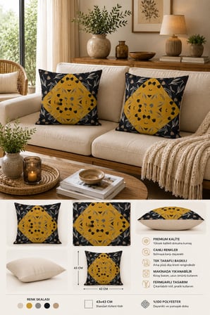 ELVORAN JOY Geometrik Çiçek Desenli Tek Taraf Baskılı Dekoratif Kırlent Kılıfı 43x43 cm – Hardal & Siyah Modern