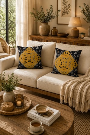ELVORAN JOY Geometrik Çiçek Desenli Tek Taraf Baskılı Dekoratif Kırlent Kılıfı 43x43 cm – Hardal & Siyah Modern