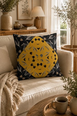 ELVORAN JOY Geometrik Çiçek Desenli Tek Taraf Baskılı Dekoratif Kırlent Kılıfı 43x43 cm – Hardal & Siyah Modern