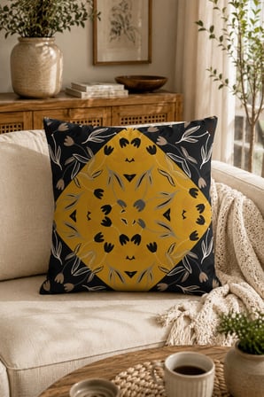 ELVORAN JOY Geometrik Çiçek Desenli Tek Taraf Baskılı Dekoratif Kırlent Kılıfı 43x43 cm – Hardal & Siyah Modern