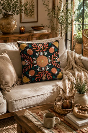 ELVORAN JOY Bohem Etnik Desenli Dekoratif Tek Taraf Baskılı Kırlent Kılıfı 43x43 cm – Modern Mandala Tasarımı