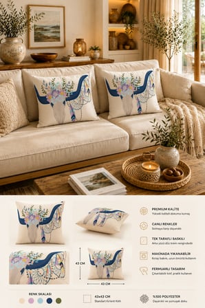 ELVORAN JOY Bohem Longhorn Desenli Dekoratif Tek Taraf Baskılı Kırlent Kılıfı 43x43 cm – Çiçekli Kafatası Tasarımı
