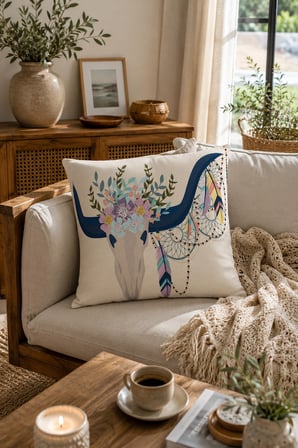 ELVORAN JOY Bohem Longhorn Desenli Dekoratif Tek Taraf Baskılı Kırlent Kılıfı 43x43 cm – Çiçekli Kafatası Tasarımı