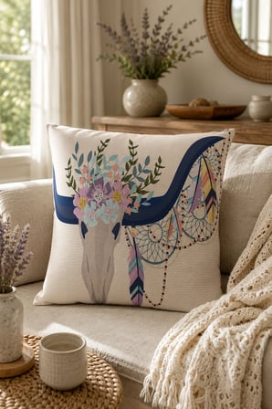 ELVORAN JOY Bohem Longhorn Desenli Dekoratif Tek Taraf Baskılı Kırlent Kılıfı 43x43 cm – Çiçekli Kafatası Tasarımı