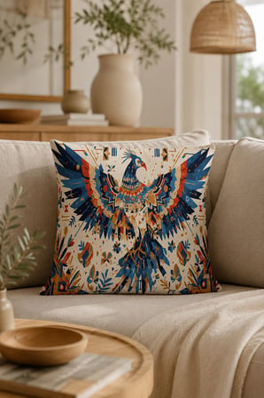 ELVORAN JOY Bohem Anka Kuşu Desenli Dekoratif Tek Taraf Baskılı Kırlent Kılıfı 43x43 cm – Modern Salon
