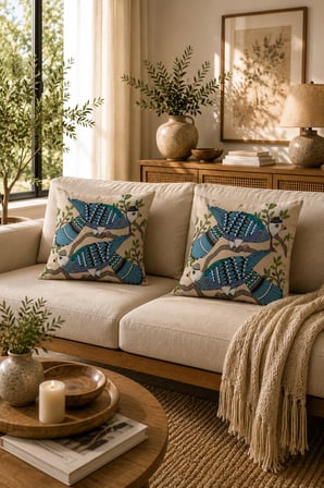 ELVORAN JOY Mavi Egzotik Kuş Desenli Dekoratif Tek Taraf Baskılı Kırlent Kılıfı 43x43 cm – Modern Bohem Salon