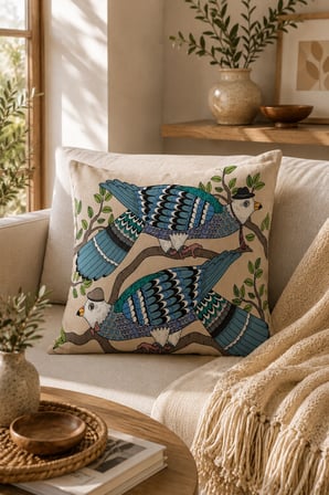ELVORAN JOY Mavi Egzotik Kuş Desenli Dekoratif Tek Taraf Baskılı Kırlent Kılıfı 43x43 cm – Modern Bohem Salon