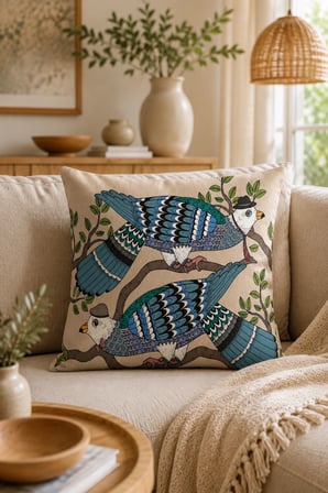 ELVORAN JOY Mavi Egzotik Kuş Desenli Dekoratif Tek Taraf Baskılı Kırlent Kılıfı 43x43 cm – Modern Bohem Salon