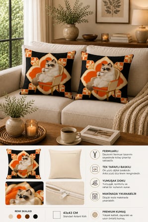 ELVORAN JOY Kahve Keyfi Yapan Kedi Desenli Dekoratif Tek Taraf Bakılı Kırlent Kılıfı 43x43 cm – Modern ve Eğlenceli