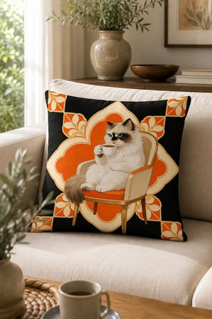 ELVORAN JOY Kahve Keyfi Yapan Kedi Desenli Dekoratif Tek Taraf Bakılı Kırlent Kılıfı 43x43 cm – Modern ve Eğlenceli