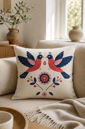 ELVORAN JOY Folk Sanatı Kuş Desenli Dekoratif Tek Taraf Baskılı Kırlent Kılıfı 43x43 cm – Modern İskandinav Salon